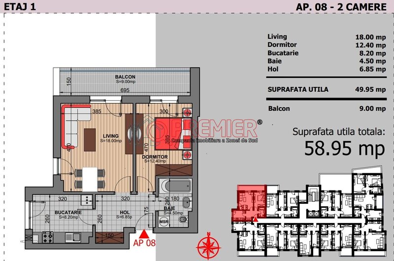 Berceni, Mall Grand Arena, Postalionului, apartament 2 camere, 59 mp, decomandat